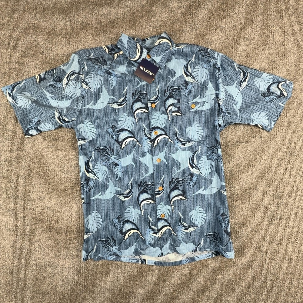 Puritan Hawaiian Shirt Mens Small Blue Marlin Print Rayon Short Sleeve Button Up